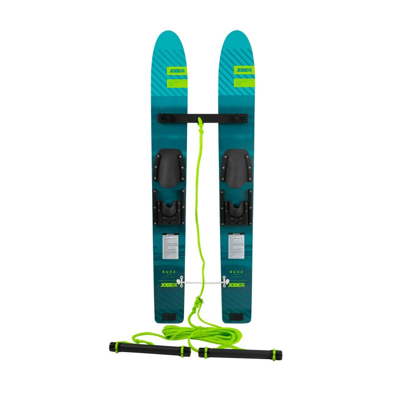Outdoor Hub Limited Jobe Buzz Trainers waterskis with adjustable bindings and bright yellow and black design on water.