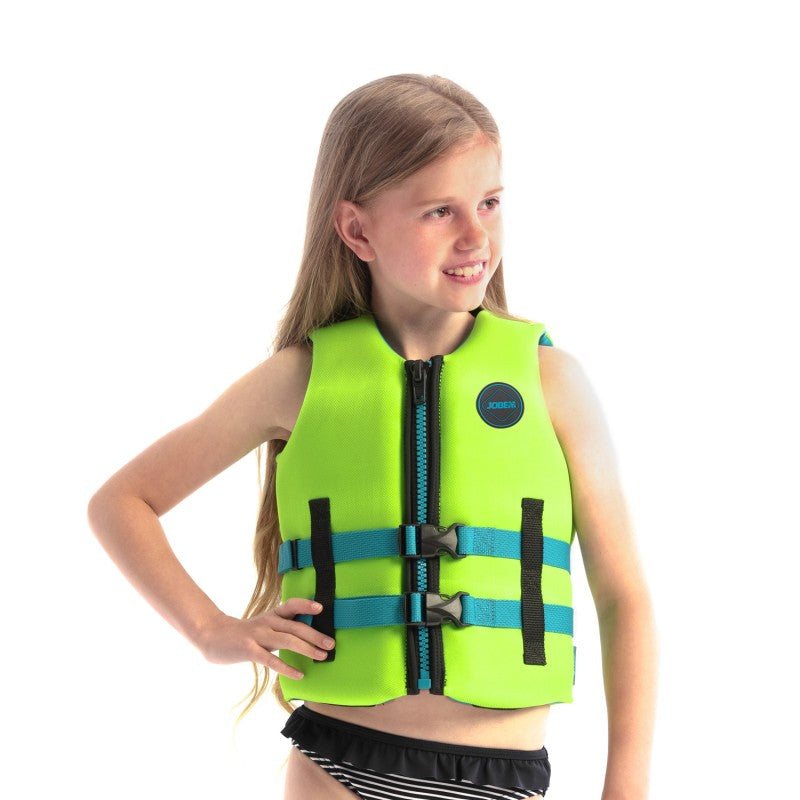 Youth Jobe Neoprene Vest in vibrant lime green, designed for outdoor water activities, with adjustable straps and a snug fit.