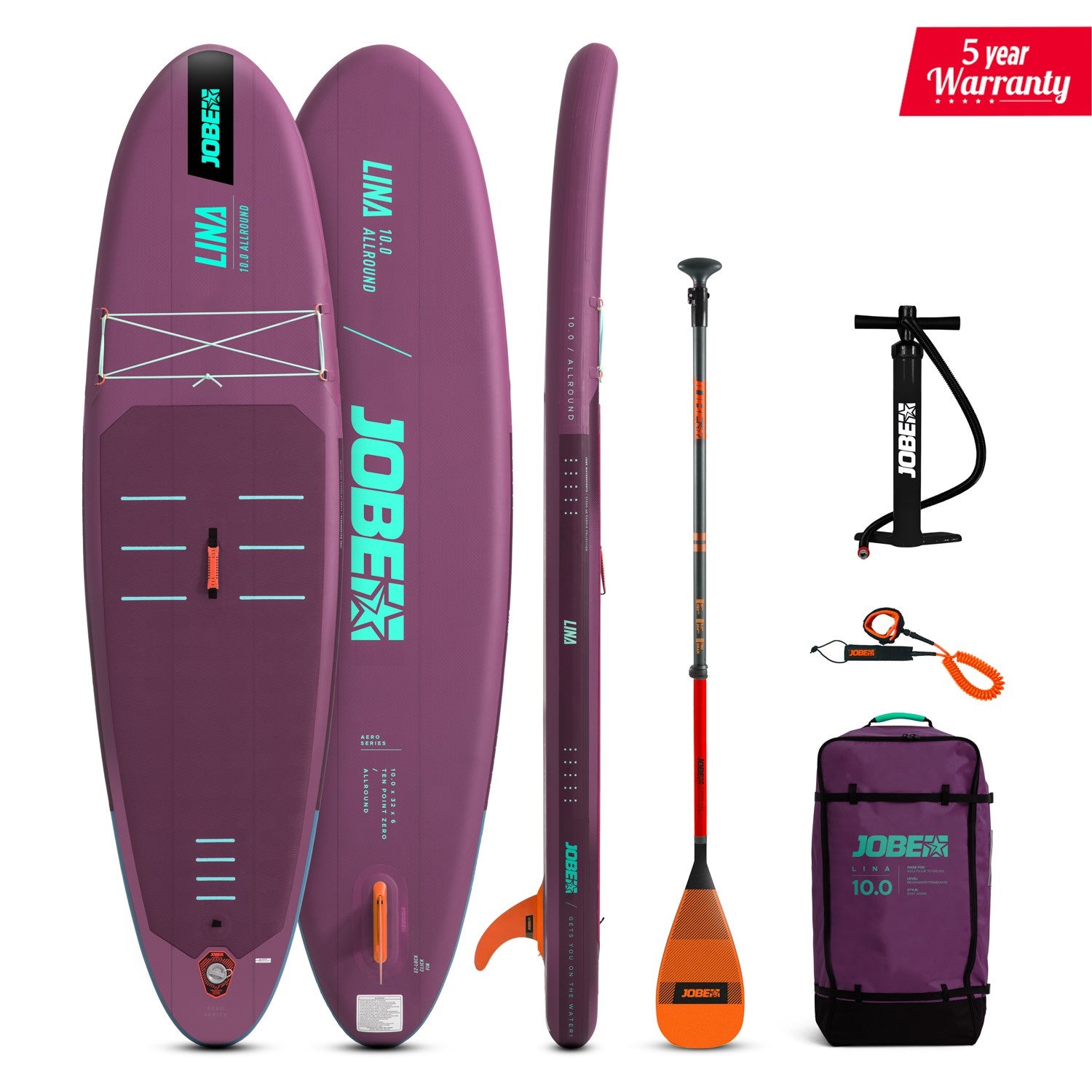 Outdoor Hub Limited Jobe Aero Lina SUP Lite Board 10.0 package showing a lightweight stand-up paddleboard with paddle and accessories.