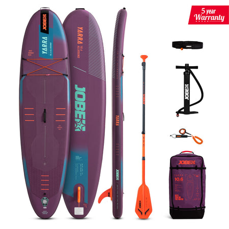Jobe Aero Yarra SUP Premium Board 10.6 with purple deck and paddle, outdoor water sports equipment by Outdoor Hub Limited.