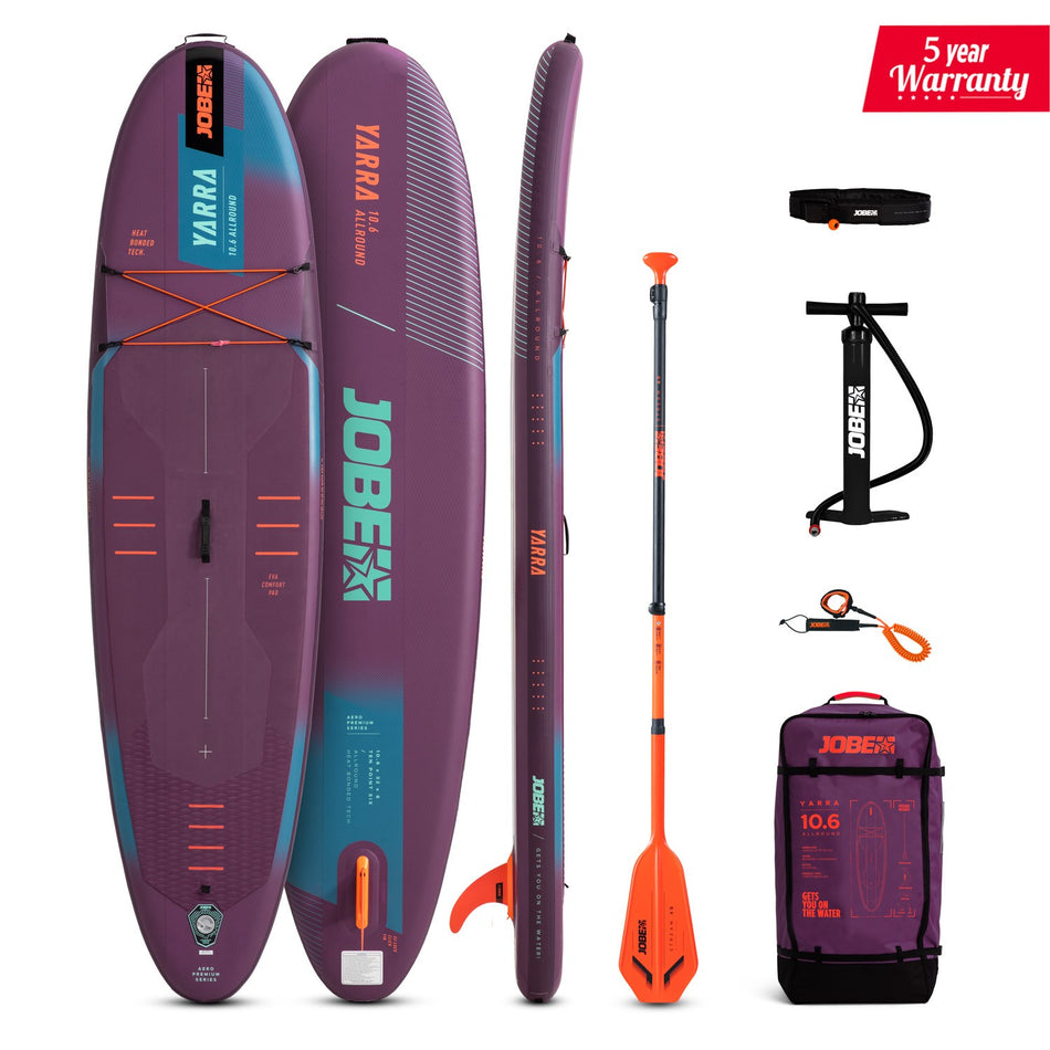 Jobe Aero Yarra SUP Premium Board 10.6 with purple deck and paddle, outdoor water sports equipment by Outdoor Hub Limited.