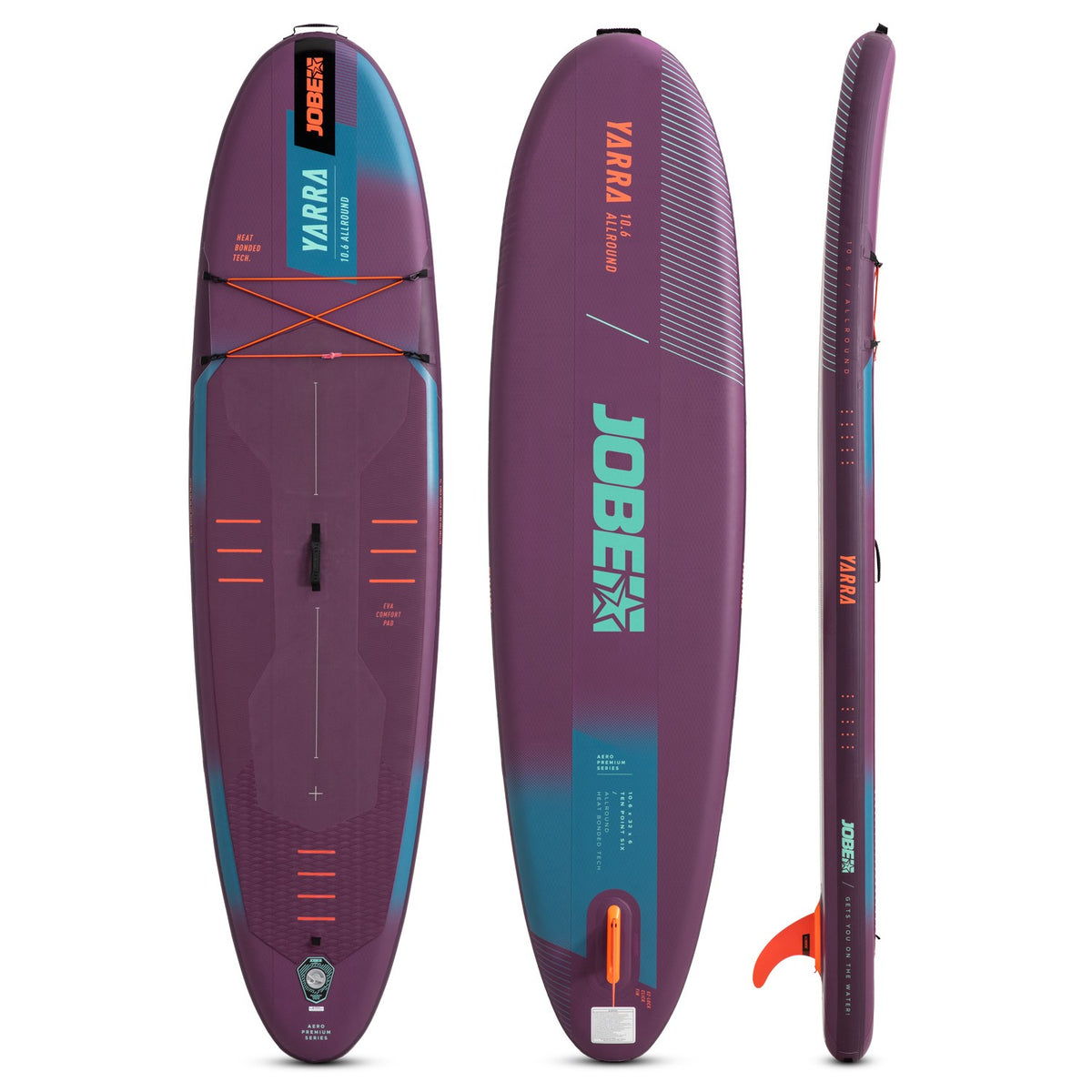 Jobe Aero Yarra SUP premium 10.6-inch paddleboard with purple design, shown on water, by Outdoor Hub Limited.