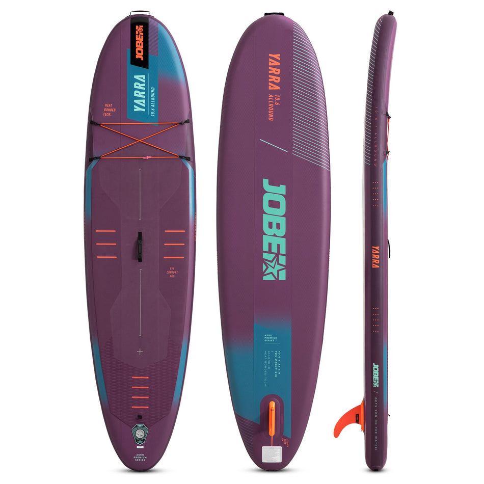 Jobe Aero Yarra SUP premium 10.6-inch paddleboard with purple design, shown on water, by Outdoor Hub Limited.