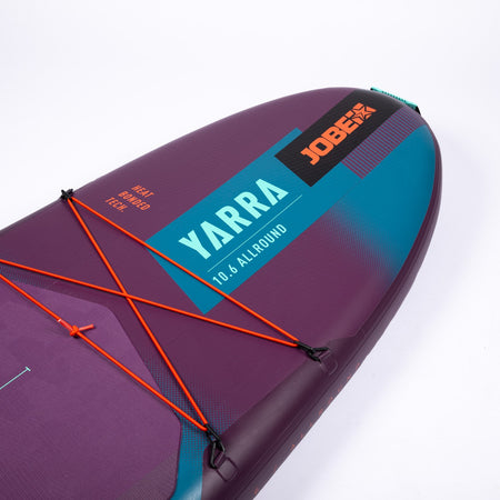 Jobe Aero Yarra SUP premium 10.6 inflatable stand-up paddleboard with purple deck and white accents, outdoor water sports gear