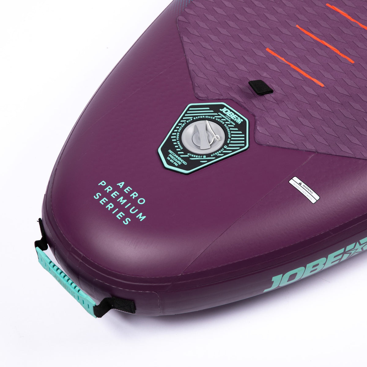 Jobe Aero Yarra SUP premium 10.6 inflatable stand-up paddleboard in purple with paddle and leash accessories.