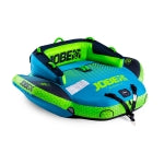 Two-person Jobe Binar towable boat on water with bright orange and blue colors, designed for outdoor water sports.