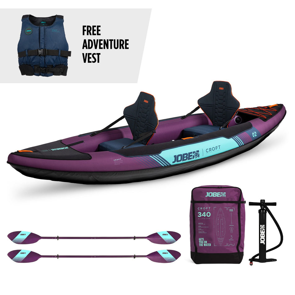 Purple Jobe Croft inflatable kayak by Outdoor Hub Limited, shown fully inflated with seating and paddle, ready for water adventure.