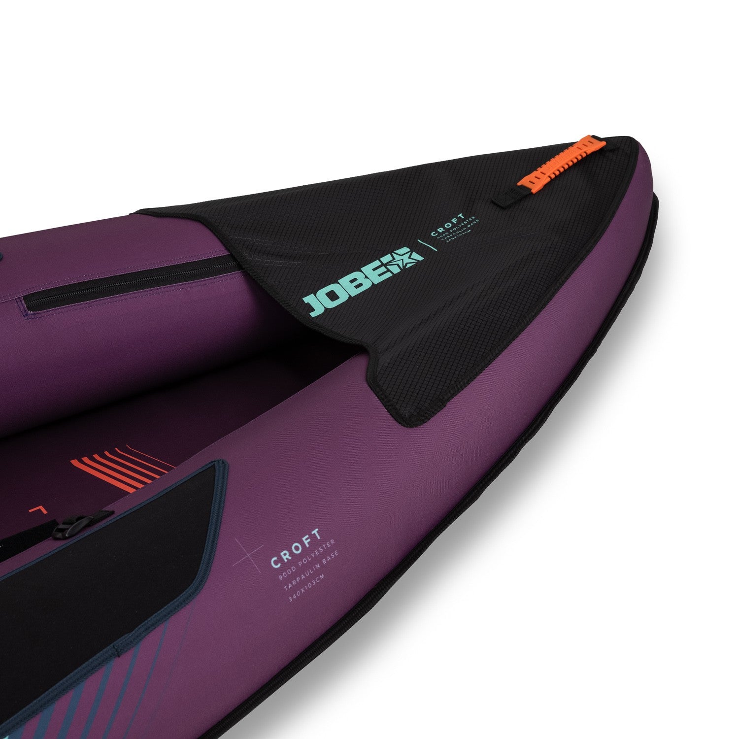 Purple Jobe Croft inflatable kayak from Outdoor Hub Limited shown on water, featuring durable material and adjustable seats.