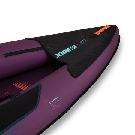 Purple Jobe Croft inflatable kayak from Outdoor Hub Limited shown on water, featuring durable material and adjustable seats.