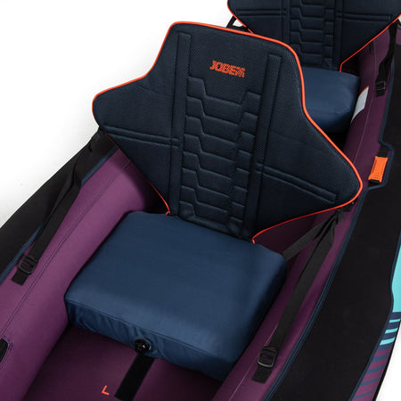 Purple Jobe Croft Inflatable Kayak by Outdoor Hub Limited, shown inflated with seating and paddle, ideal for outdoor water adventures.