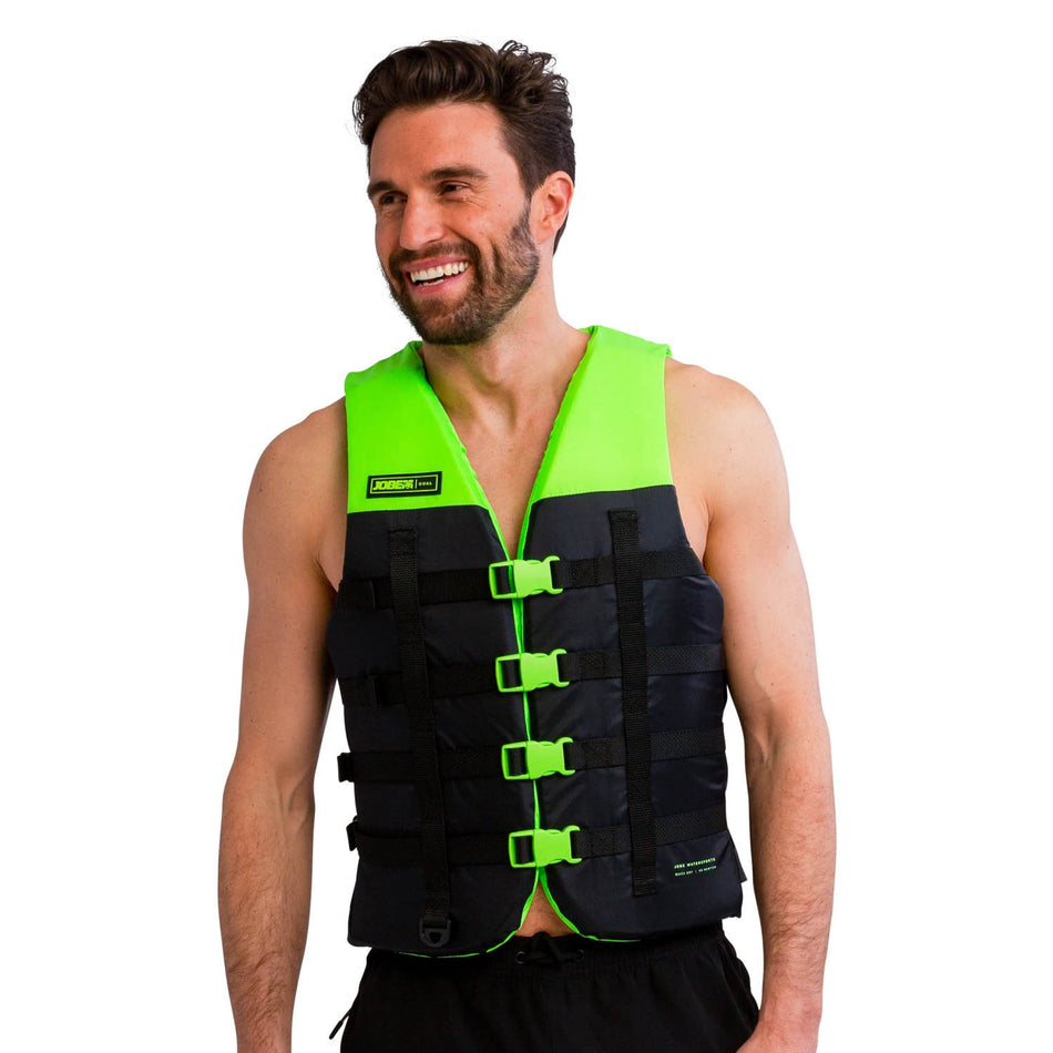 Jobe Dual Vest in lime green, a waterproof outdoor life vest designed for safety and visibility during water activities.