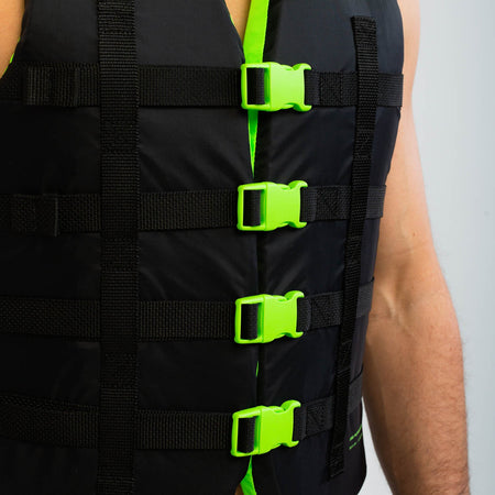 Jobe dual lime green life vest from Outdoor Hub Limited with adjustable straps and buoyant foam for water safety.