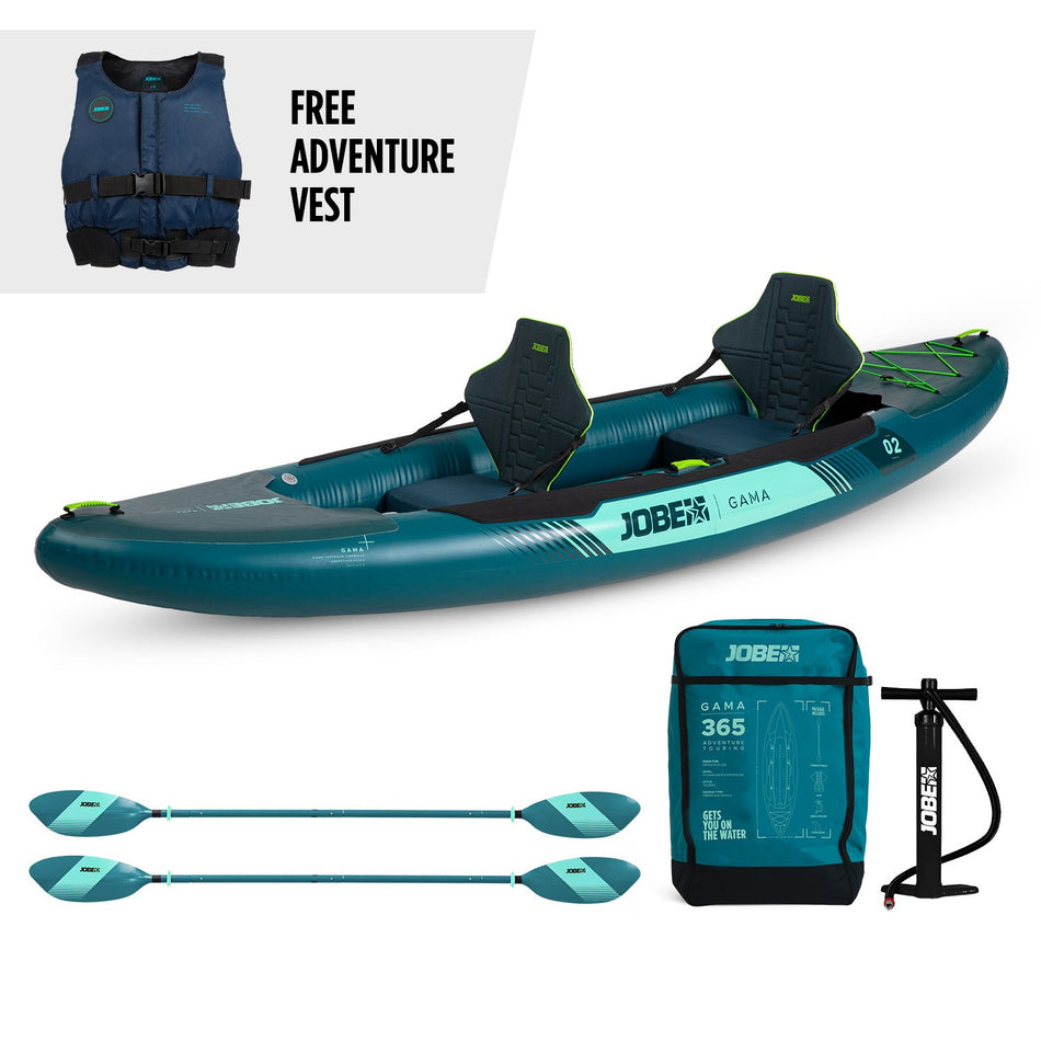 Jobe Gama inflatable kayak in Atlantic Green, featuring durable material and adjustable seats for outdoor water adventures