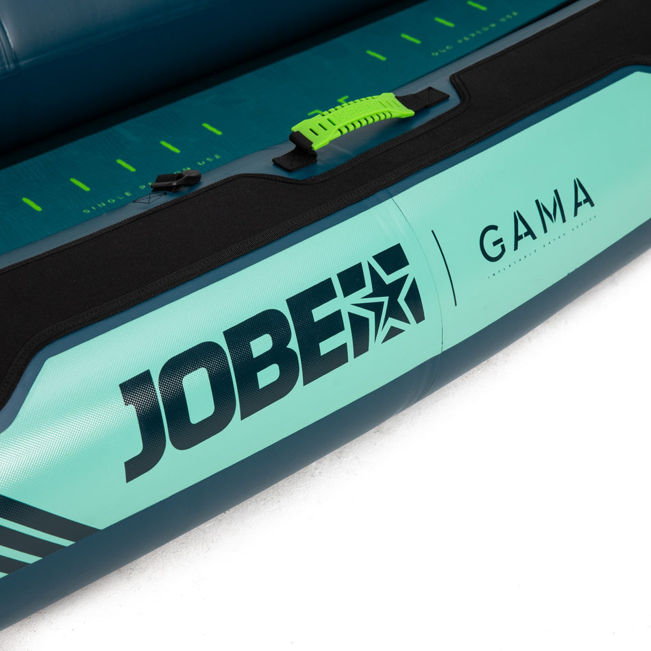 Outdoor Hub Limited Jobe Gama inflatable kayak in Atlantic Green, showing the bright green kayak with seating and inflation valves.