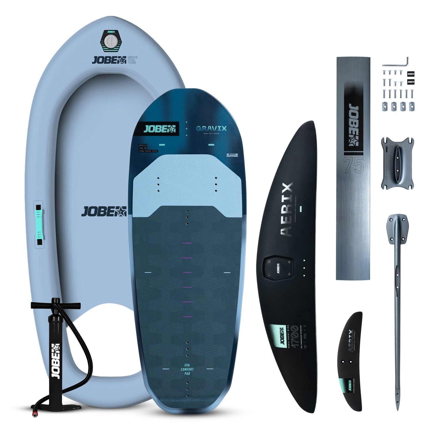 Jobe Gravix Wakefoil Set with foil, wings, and mast for wakeboarding, designed for stability and control on the water.
