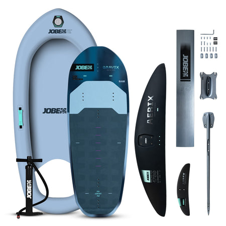 Jobe Gravix Wakefoil Set with foil, wings, and mast for wakeboarding, designed for stability and control on the water.