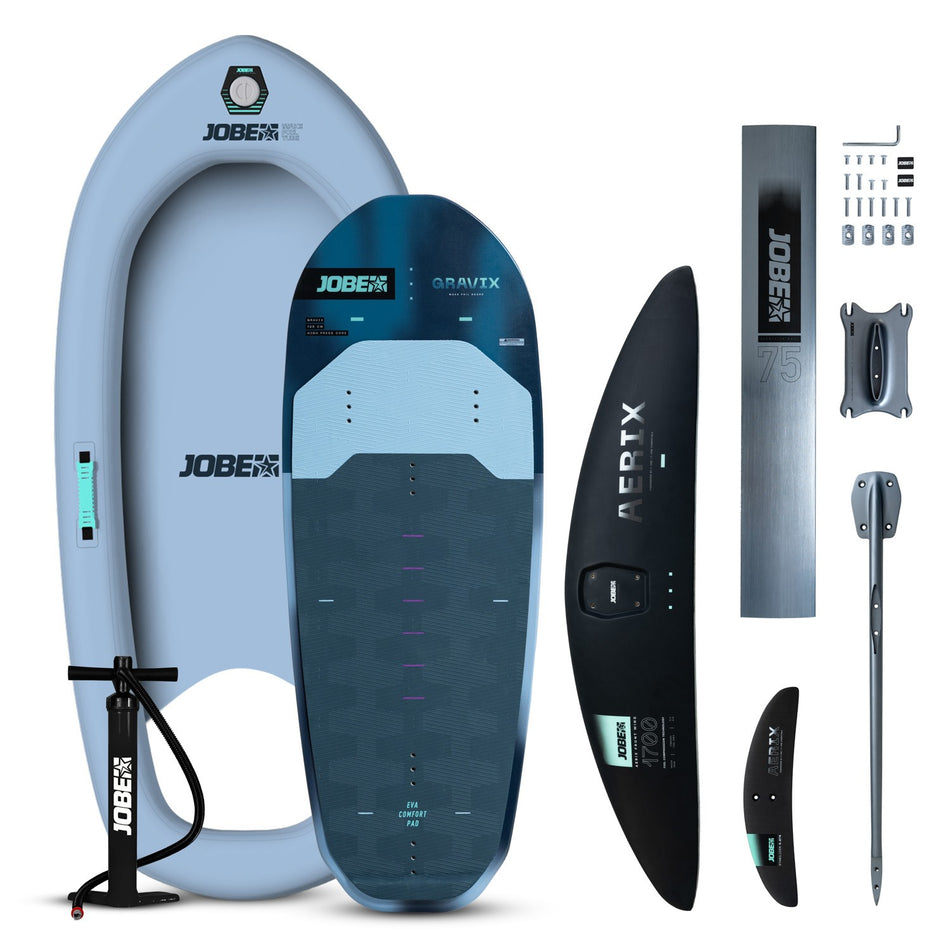 Jobe Gravix Wakefoil Set with foil, wings, and mast for wakeboarding, designed for stability and control on the water.