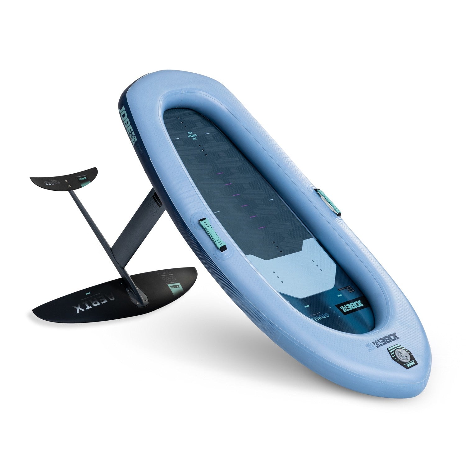Jobe Gravix Wakefoil Set showing a sleek wakefoil with wing and mast components on a stand, designed for water sports enthusiasts.