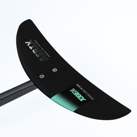 Jobe Gravix Wakefoil Set with black and silver hydrofoil, featuring streamlined design, mounted on a wakeboard for water sports.