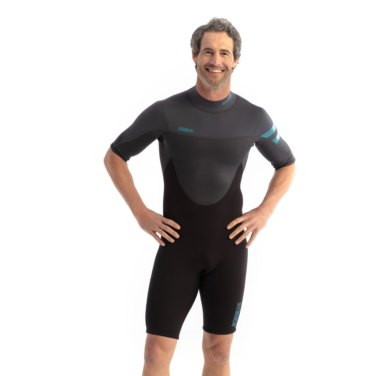 Jobe Perth Shorty 3/2mm graphite grey wetsuit for men, showing the suit's fit and material texture.