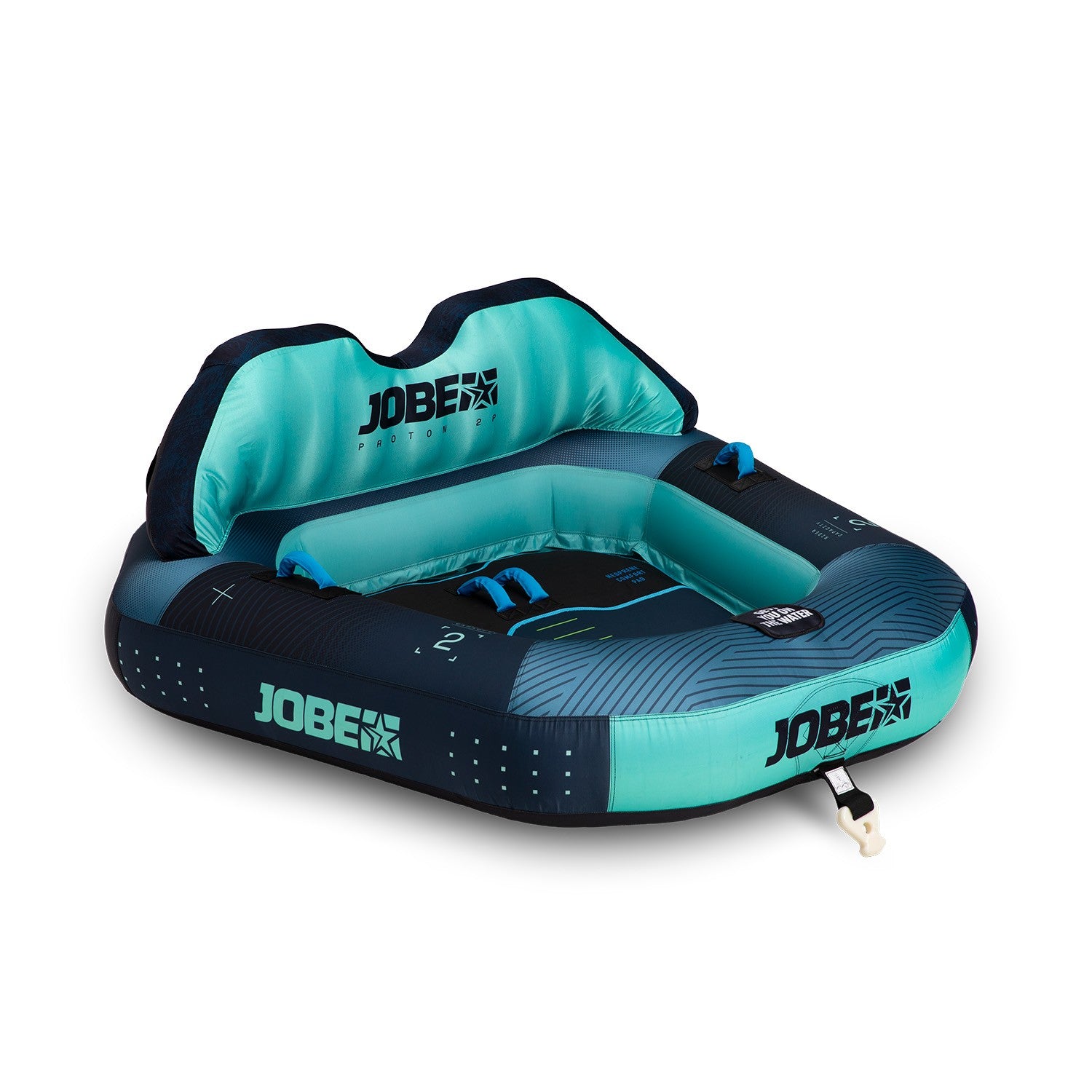 Two-person Jobe Proton towable tube on water, featuring bright orange and yellow colors for outdoor water recreation.