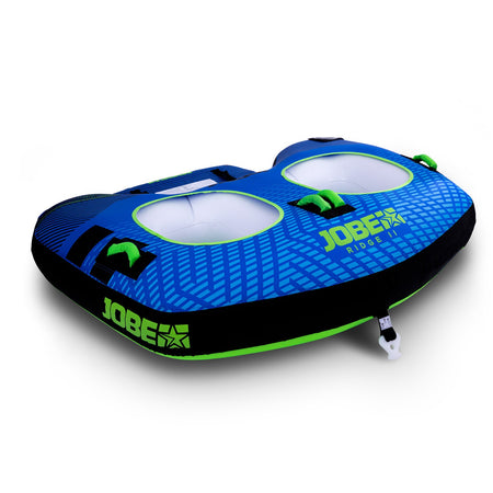 Two-person Jobe Ridge towable boat on water, featuring bright colors and seating, by Outdoor Hub Limited.