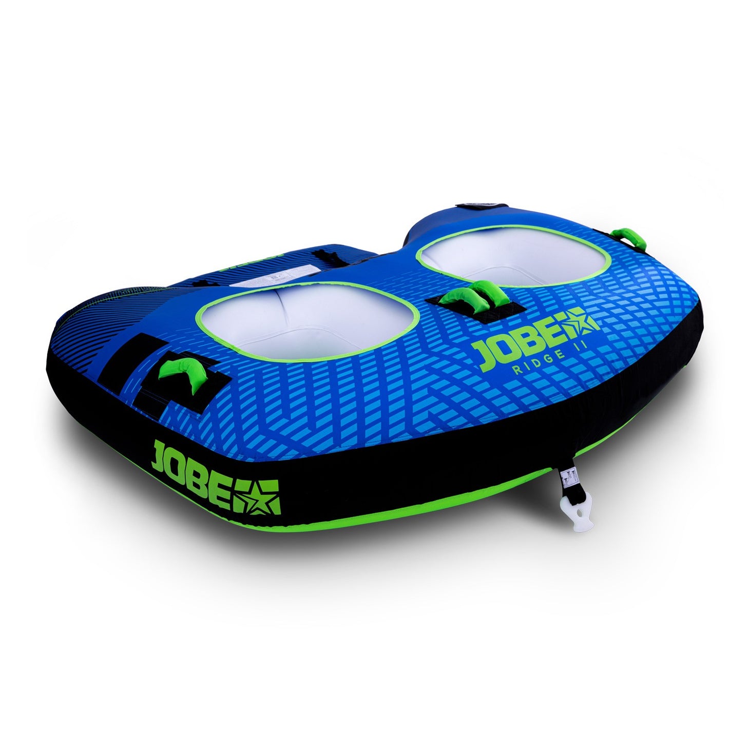 Two-person Jobe Ridge towable boat on water, featuring bright orange and blue inflatable design for outdoor water recreation.