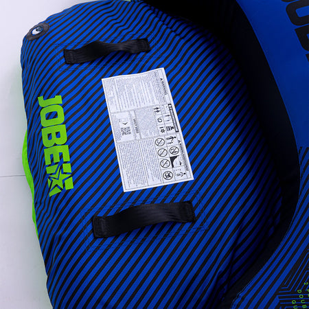 Two-person Jobe Ridge towable boat on water, outdoor water sports gear by Outdoor Hub Limited, with bright blue design.