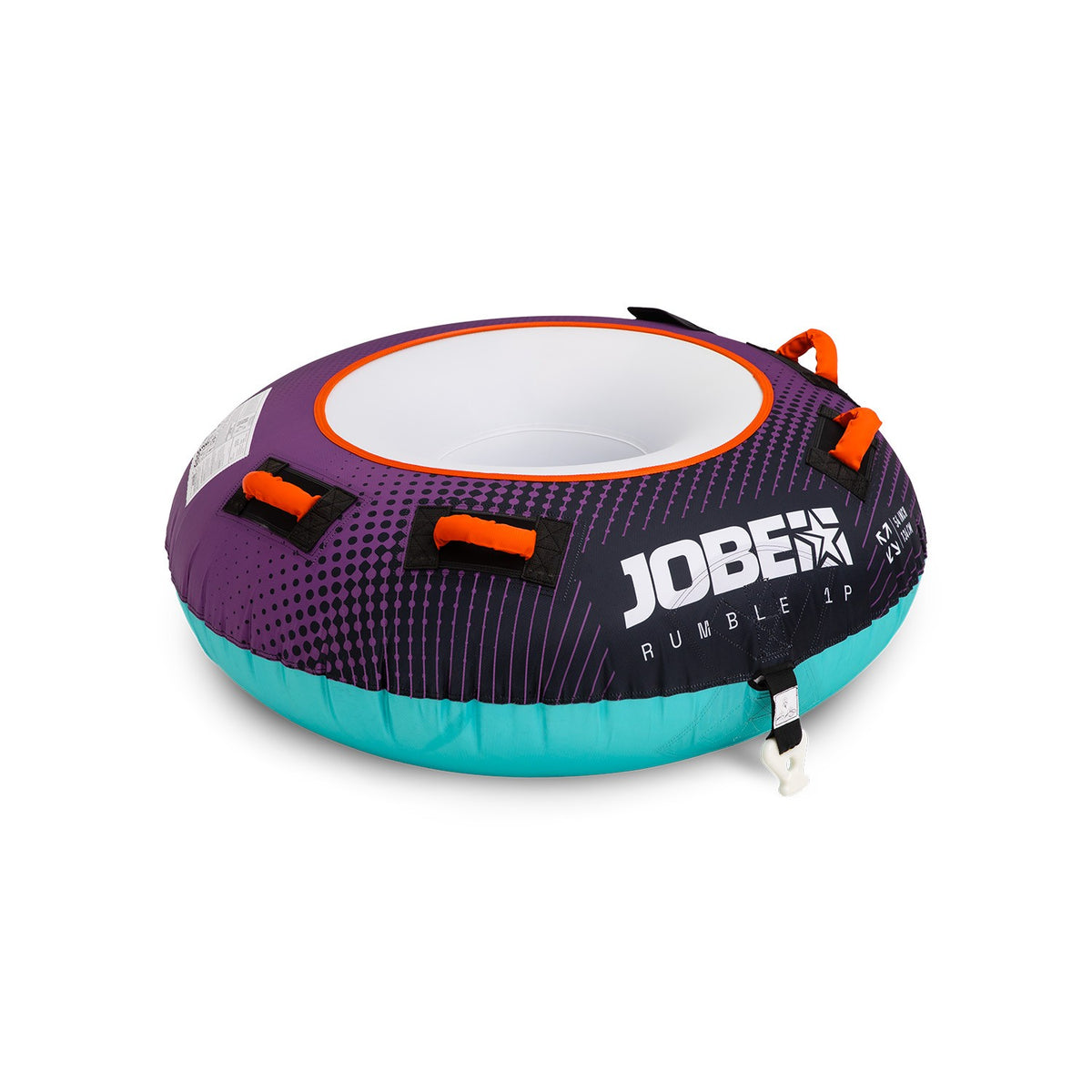 Jobe Rumble Teal and Purple towable tube for one person, designed for water fun and outdoor adventure.