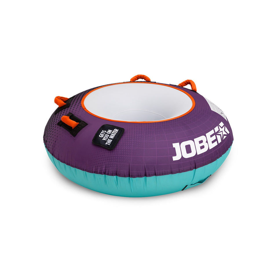 Jobe Rumble 1-person towable tube in teal and purple, designed for outdoor water fun and water sports.