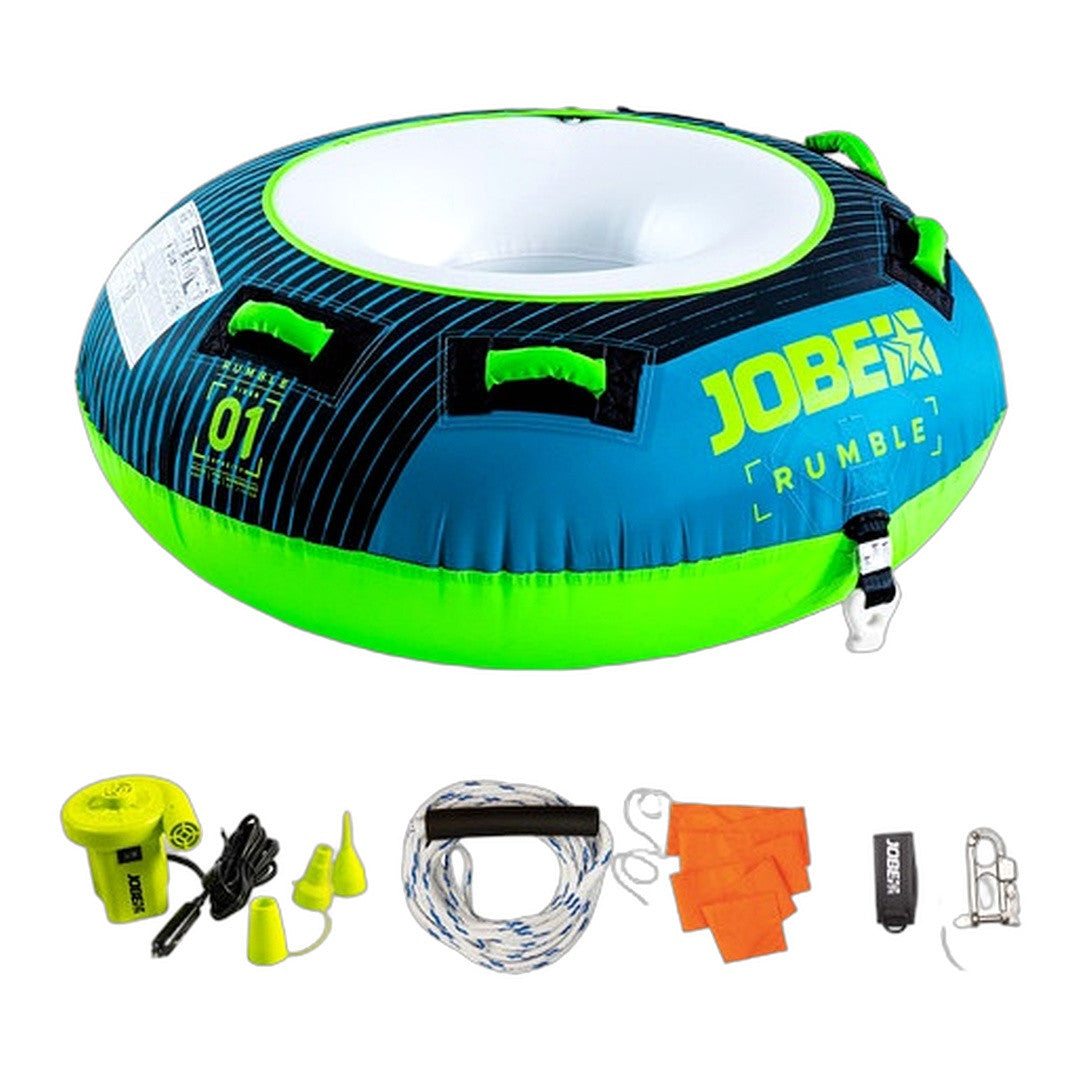 Teal Jobe Rumble towable package for one person, featuring a durable inflatable design with handles for water fun.