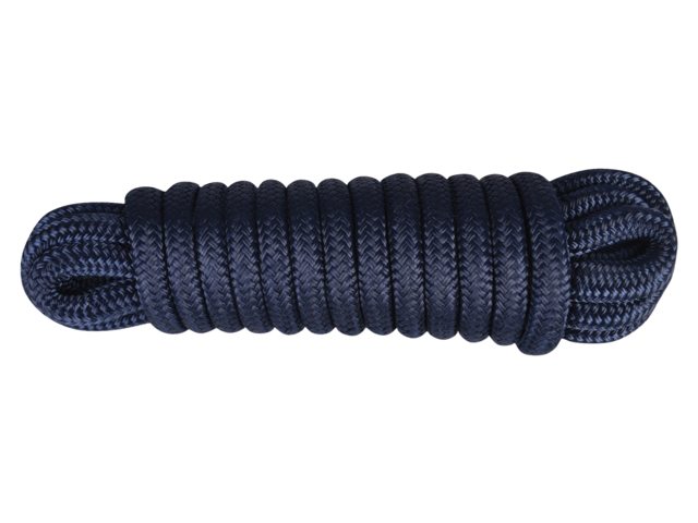 Navy blue 12mm polypropylene mooring line from Outdoor Hub Limited, 6 meters long, used for securing boats and marine applications.