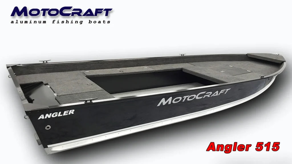 Motocraft Boats Angler 515 aluminium fishing boat on water, featuring a sleek hull and spacious deck for fishing adventures.